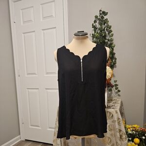 Fortune +Ivy Women's Scalloped Black Sleeveless Top With Zipper Sz L
